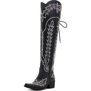 Vodvob Cowboy Boots Women Black Faux Leather Embroidered Lace up side zipper